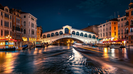 Obraz premium The Rialto Bridge in Venice under the night sky, bright lights from buildings and boat trails creating a picturesque scene