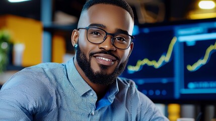 Fototapeta premium A realistic photo of a financial analyst discussing market trends with colleagues in a high-rise office.