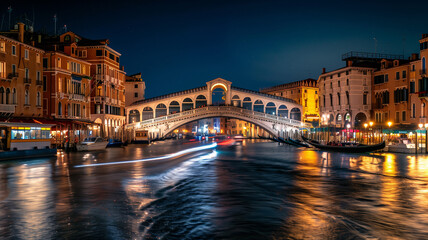 The Rialto Bridge in Venice under the night sky, bright lights from buildings and boat trails creating a picturesque scene