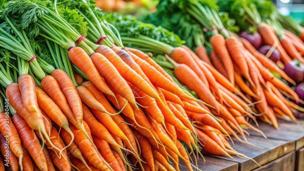 Wall mural fresh carrots on display at a farmers market, vegetables, orange, healthy, organic, crunchy, nutriti