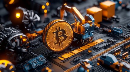 An illustration of a cryptocurrency mining operation, with digital currency symbols and mining equipment.