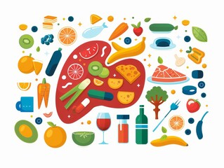 Naklejka premium Create an image of a liver surrounded by healthy f 466 pattern, vector, seamless, illustration, cartoon, design, art, fun, food, set, baby, child, wallpaper, card, color, decoration, summer, beach, h
