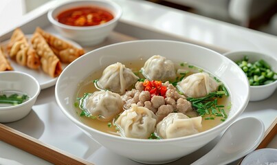 Photo of meat ball food served in a bowl and the fresh sauce makes it delicious ai generated