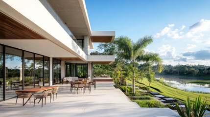 A house with outdoor seating areas by rice field, nature architecture