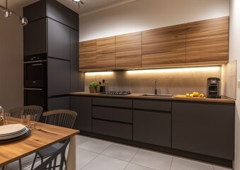 Modern Kitchen Interior with Sleek Design and Wooden Accents