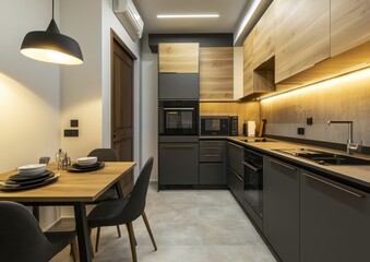 Modern Kitchen Interior with Sleek Design and Wooden Accents