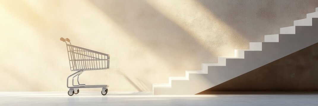 a supermarket grocery cart with a plastic handle, isolated against a beige background, with stairs beside it. Ideal for shopping concept ads.