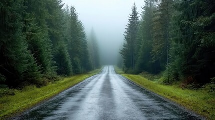 Obraz premium Foggy forest road surrounded by pine trees, eerie and atmospheric
