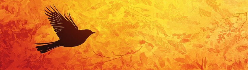 Fototapeta premium A vibrant background with a gradient of golden yellows to deep oranges background with delicate leaf patterns and autumnal tones featuring the silhouette of a bird in flight on the left side