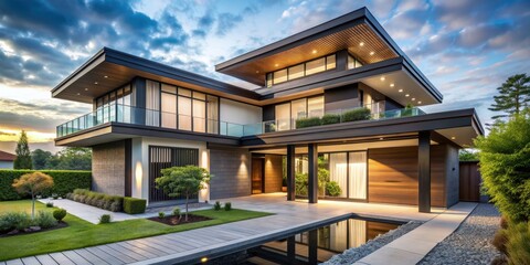 Obraz premium Modern villa with Japanese architectural influence for a unique living experience, Modern, villa, Japanese, architectural