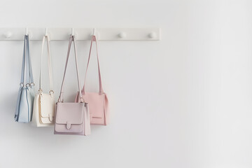 A row of purses hanging on a rack. The purses are of different colors and sizes