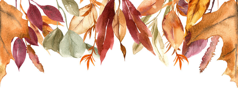 watercolour seamless border,  fall floral bouquet. watercolor hand-painted autumn flowers and tree leaves arrangement, botanical illustration, 