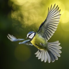 Blue tit (Parus caeruleus) in flight to the feeding station, North Rhine-Westphalia, Germany, Europ