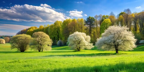 Obraz premium Spring meadow surrounded by hornbeam trees in Masuria, Poland , spring, meadow, trees, flowers, Babadag, forest, nature