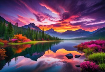 Fototapeta premium breathtaking sunrise over untouched wilderness showcasing majestic lush vibrant sky colors, vista, mountains, forest, nature, landscape, scenery, beauty