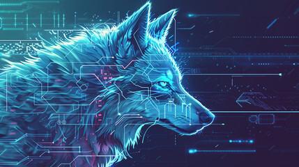 Fototapeta premium Digital wolf with cybernetic enhancements in a futuristic forest