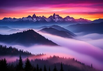 Obraz premium breathtaking sunrise over misty mountains illuminating sky vibrant colors shimmering light, nature, landscape, clouds, scenery, view, beauty, horizon