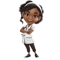 cartoon illustration friendly smiling black African American nurse stethoscope