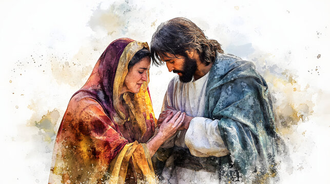 Jesus providing comfort to Mary and Martha after Lazarus' passing, portrayed through digital watercolor on a white canvas.