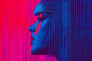 modernism digital art, negative space cyborg fashion model with expressive eyes and long blue hair, appealing glitch background, glowing accents, fashion pose.