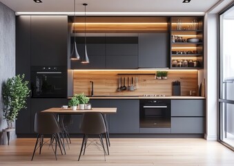 Modern Kitchen Interior with Sleek Design and Wooden Accents