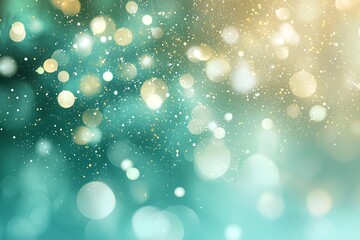 Abstract teal and gold background with bokeh lights and glitter.