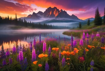 Fototapeta premium breathtaking dawn vistas showcasing majestic mountains under colorful sky vibrant hues purple, sunrise, landscape, scenery, view, peak, range, cloud