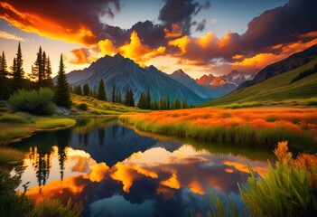 Fototapeta premium breathtaking mountain views vibrant sunsets illuminating sky reflecting landscape, mountains, illumination, colors, horizon, nature, scenery, twilight