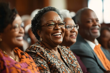 Elderly community members at church, a joyful African American woman in the center, surrounded by friends and family.