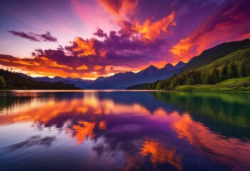 Fototapeta premium stunning vibrant sunset over majestic mountains showcasing breathtaking views natural beauty, landscape, nature, sky, colorful, horizon, cloud, peak