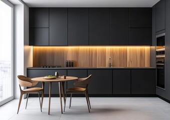 Modern Kitchen Interior with Sleek Design and Wooden Accents