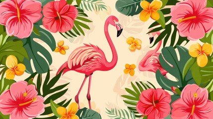 Exotic pattern with Hawaiian flowers and flamingos, perfect for backgrounds or posters.