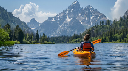 Woman Kayaking on Lake Jenny: Woman kayaking on Lake Jenny in Grand Teton National Park