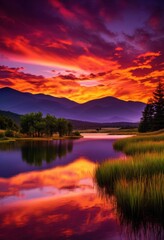 Obraz premium stunning sunset illuminated landscapes showcasing vibrant colors natural beauty majestic views, glow, nature, sky, clouds, horizon, scenery, light, evening