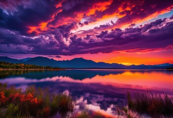 stunning landscapes vibrant sunset reflections over serene waters majestic mountains captured breathtaking scenery, sky, color, light, nature, view, horizon