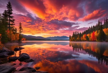 Fototapeta premium stunning sunrise landscapes showcasing beauty vibrant colors dramatic skies, sky, nature, mountains, clouds, light, reflection, water, trees, horizon
