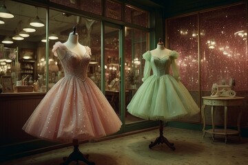 Obraz premium Two vintage dresses in a store window display.