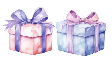 Obraz premium Charming watercolor gift boxes with delicate pink and blue ribbons, perfect for festive occasions, holiday promotions, and gift-themed marketing.