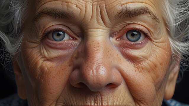 "Hyper-realistic portrait of an elderly woman with detailed wrinkles and expressive eyes"