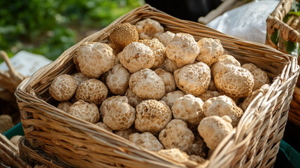 A basket brimming with fresh truffles, representing luxury, gourmet cuisine, earthy flavors, and the beauty of nature's bounty.