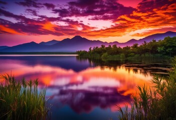Naklejka premium vibrant sunset glowing peaceful lake reflective water surface colorful skies, reflection, colors, sky, nature, evening, horizon, landscape, light, beauty