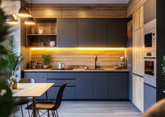 Modern Kitchen Interior with Sleek Design and Wooden Accents