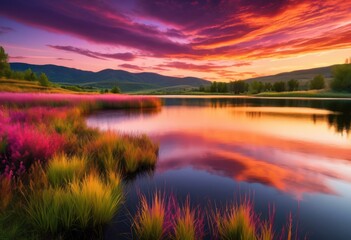 vibrant sunset hues over tranquil landscape rich colors serene natural beauty, aesthetic, ambiance, beautiful, charm, colorful, dusk, evening, glow, gradient
