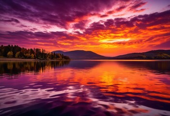 Obraz premium breathtaking sunset landscape featuring vivid dramatic majestic horizon over rolling hills calm waters, scenery, colors, sky, clouds, nature, view, beauty