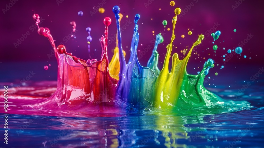 Poster a captivating image of colorful paint splashes creating a vibrant rainbow effect in water. the dynam