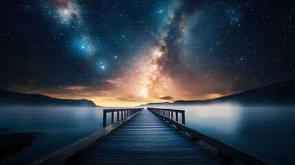 A bridge over a body of water with a starry sky in the background. The bridge is illuminated by the stars, creating a serene and peaceful atmosphere