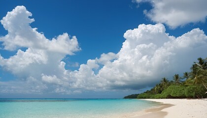 Fototapeta premium Tropical island turquoise beach with coconut trees. Palm and sunbeds at tropical paradise beach at Maldives, Herathera island 5