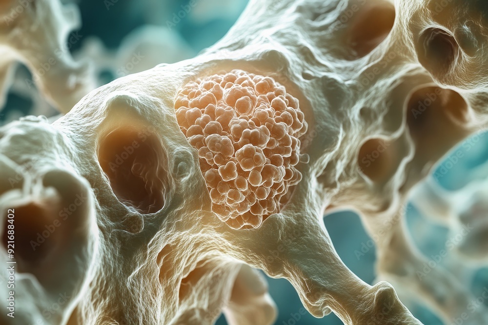 Poster a close-up image of bone cells with a tumor visible. the image symbolizes the complexity of the huma