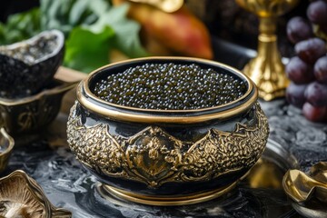 Fototapeta premium A close-up of a bowl of black caviar, showcasing its rich texture and luxurious appeal. The bowl is adorned with intricate gold detailing