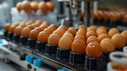 Brown eggs moving along a conveyor belt in a food processing factory.